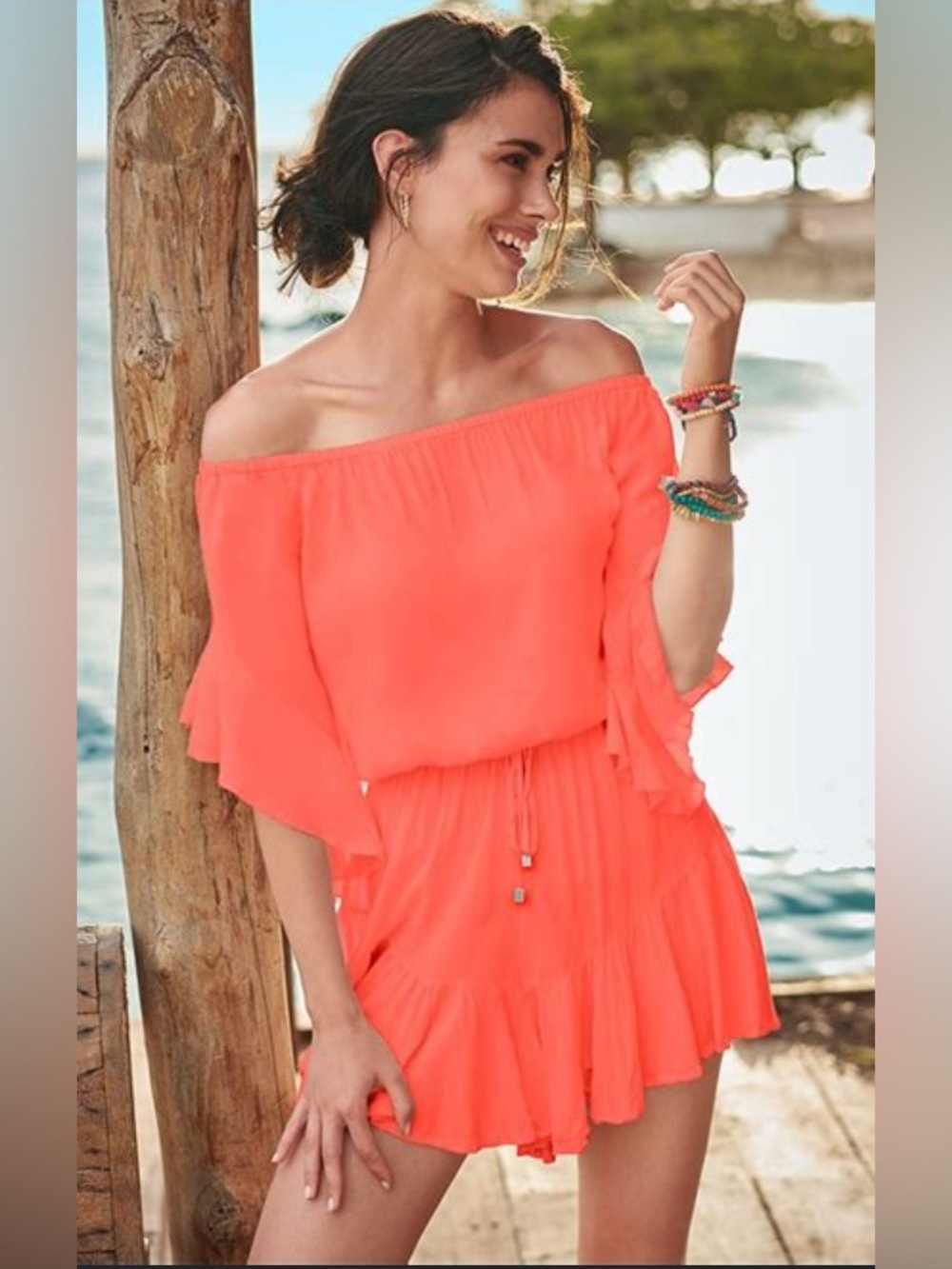Venus Coral Ruffle Off Shoulder Romper